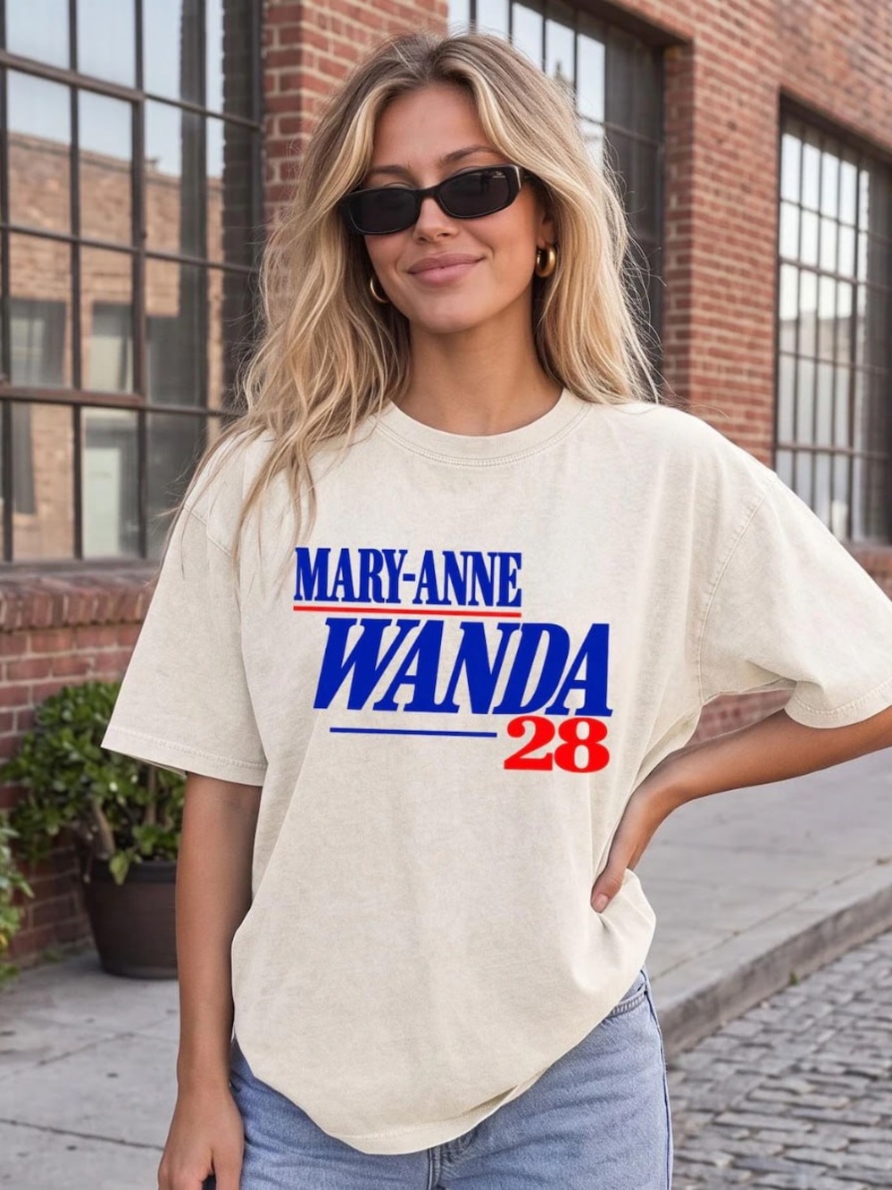Off White 'WANDA 28' Graphic Tee with Blue and Red Print